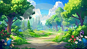 The cartoon style illustration of a summer park in the forest is isolated on a white background. The garden is depicted