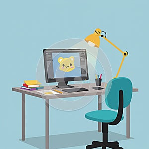A cartoon-style illustration of a workspace features a desk with a computer displaying