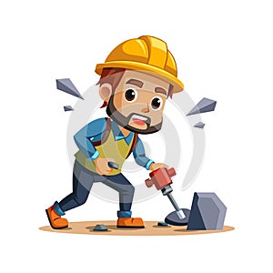 Cartoon construction worker using a jackhammer to break rock
