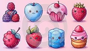 Cartoon Style Kawaii Cupcakes Logo and Icon Set extreme closeup. Generative AI