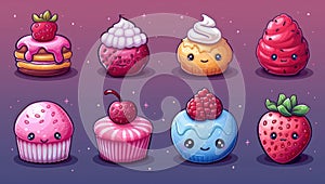 Cartoon Style Kawaii Cupcakes Logo and Icon Set extreme closeup. Generative AI