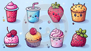 Cartoon Style Kawaii Cupcakes Logo and Icon Set extreme closeup. Generative AI