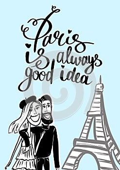 Cartoon style loving couple in Paris. Sketch illustration