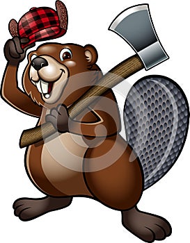 cartoon style lumberjack beaver holding felling axe photo