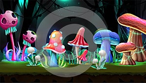 cartoon style magic forest with mushrooms in glowing the night.