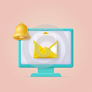 Cartoon style mail notification with monitor and bell. Vector