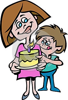 A cartoon style of a mother and her son with a cake