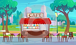 Cartoon style outdoor cafe in a park near a pond with a city view