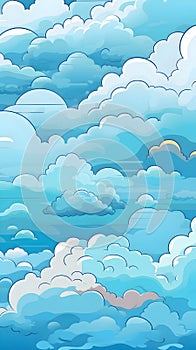 Cartoon-style painted clouds in a childlike style. Each cloud is different, animated, and colorful, giving it a unique character.