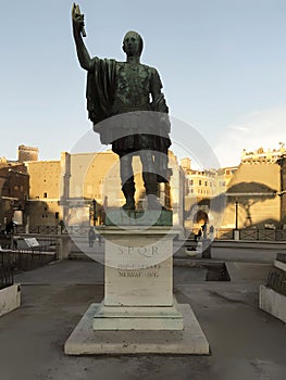 Cartoon style picture of the bronze statue of emperor Marcus Cocceius Nerva on Via dei Fori Imperiali, Rome, Italy.