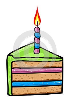 Cartoon style piece of cake with a birthday candle, vector illustration.