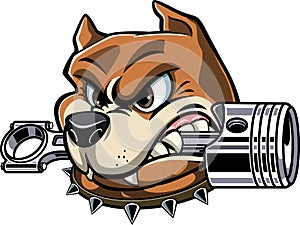 Cartoon style pitbull dog with engine piston between the tenths
