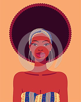 Cartoon style portrait of African American woman with headband, print dress and white hoop earrings