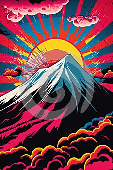 Cartoon style poster of mount Fuji, Japan photo