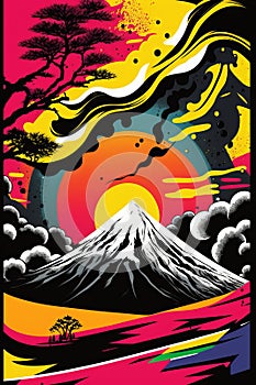 Cartoon style poster of mount Fuji, Japan photo