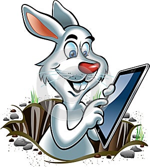 Cartoon style rabbit in hole operating tablet computer