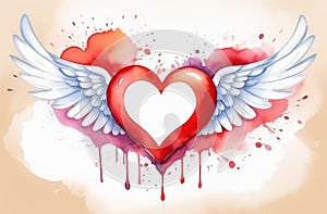 cartoon style red heart with white wings, festive card