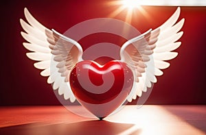 cartoon style red heart with white wings, festive card