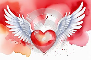 cartoon style red heart with white wings, festive card