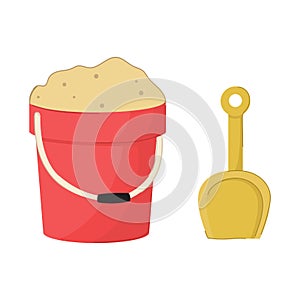 Cartoon style red sand bucket and a yellow shovel.