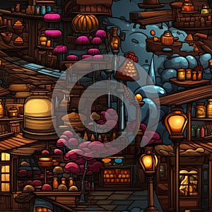 Cartoon-style scene with lots of lights and detailed buildings (tiled)