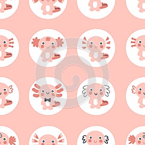 Cartoon style seamless pattern with axolotls in round shapes. Perfect for T-shirt, textile and prints.
