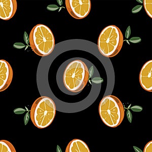 Cartoon style seamless pattern with Fortunella or Kumquat or orange exotic fruits and leafs on black background for
