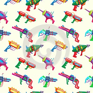 Cartoon style seamless pattern of kids colorful blasters