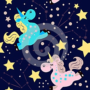 Cartoon style seamless pattern with two unicorns on dark