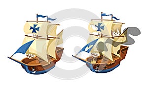 Cartoon style ship on white background. Illustration of a broken boat or caravel