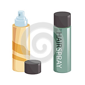 Cartoon style simple gradient hair spray fixation icon set. Open gold container with cap and closed green. Hair care and styling a