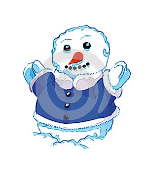 Cartoon style smiling snowman with blue coat