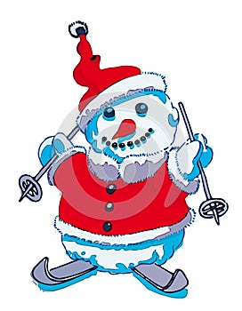 Cartoon style smiling snowman dressed as Santa Claus