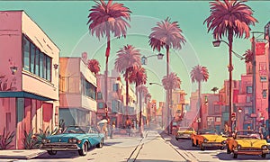 Cartoon-style street scene with iconic flair