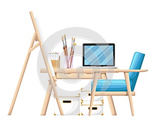 Cartoon style tools and materials for painting brushes easel tube of paint and notebook on table with blue armchair illustr