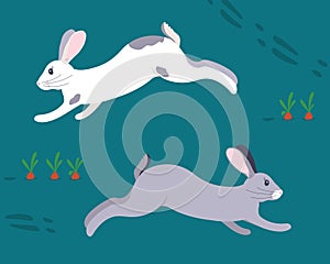 cartoon style two running rabbits