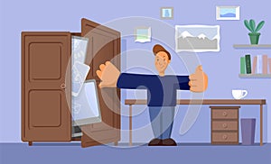 Cartoon style vector. Digital detox without gadgets, computer. A man closes the door of closet. Have a rest without