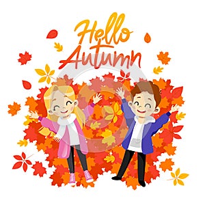 Cartoon Style Vector Illustration Of Happy Children Playing Outdoors With Yellowed Leaves In Autumn. Clip Art Of Flat