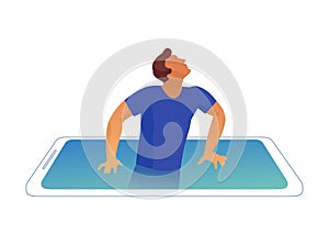 Cartoon style vector. The man tries to get out of the phone. Digital detox. Smartphone addiction.