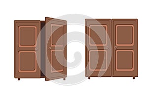 Cartoon style vector. Set of closets, opened and closed. Simple isolated cupboard.