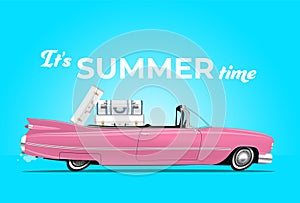 Cartoon styled side view pink vintage car cabriolet with luggage on board, on the beach road. Travel themed vector illustration