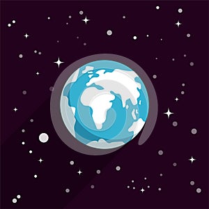 Cartoon styled simplified Earth globe on starry dark background, vector illustration