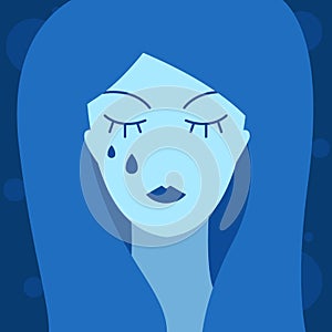 Cartoon stylized crying girl. Grief, sadness and loneliness concept