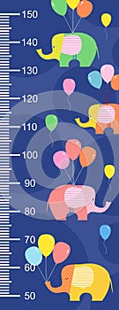 Cartoon stylized elephants with balloons on a blue background. The stadiometer. photo
