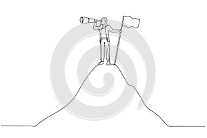 Cartoon of success businesswoman hold spyglass stand beside flag on mountain concept of opportunity. Continuous line art style