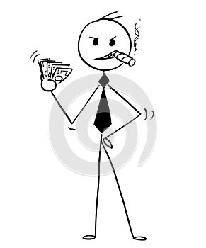 Cartoon of Successful Businessman With Cigar and Pack of Money