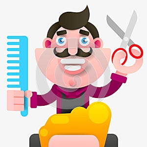 Cartoon Successful Hairdresser In An Apron With A Scissors In Hand. Young Stylish Hairdresser . Professional Fashion Stylist