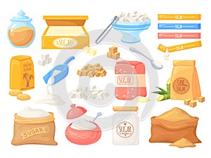 Cartoon sucrose. Sugar spoon and colors packages pouring sugars, box organic sweets block pour powder teaspoon sugared photo