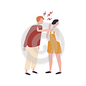 Cartoon suffer woman stopped angry man during conflict isolated on white background. Abuser colorful male shouting to