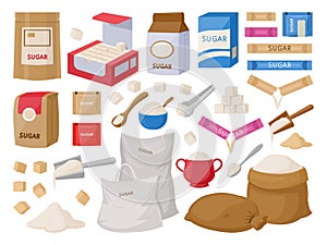 Cartoon sugar, cane sugar cubes, sweet cooking product. Granulated fructose in spoon, bowl or bag, sugar heap vector flat